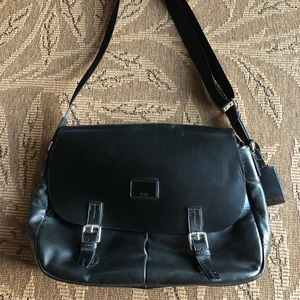 Tumi black leather messenger bag
